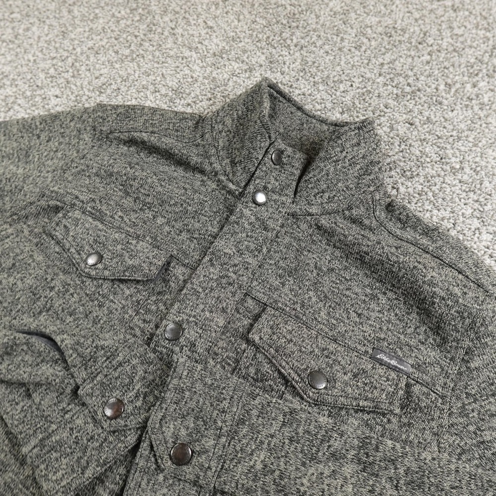 Eddie Bauer Jacket Mens L Gray Snap Up Knit Fleece Shacket Utility Chore Outdoor